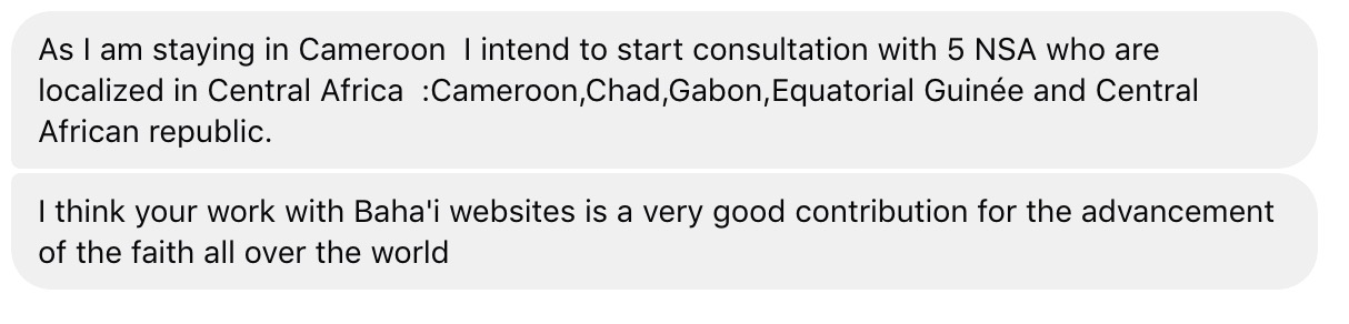 One representative said 'As I am staying in Cameroon, I intend to start consultation with 5 NSA who are localized in Central Africa: Cameroon, Chad, Gabon, Equatorial Guinée, and Central African Republic. I think your work with BahaiWebsites is a very good contribution for the advanacement of the faith all over the world.'